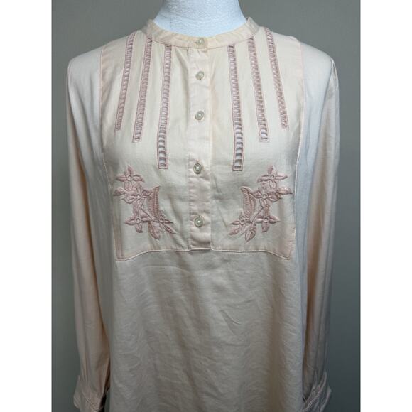 Loft Women’s Blouse Top Tunic M Pale Peach Long Sleeve Crochet Embroidered - Picture 2 of 13